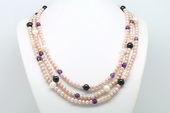 Mpn357 Purple Pearl Necklace with Amethyst beads and White and Black Pearls