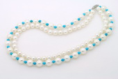 Mpn368 White Shell Pearl Double Strand Necklace with Turquoise beads