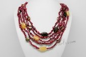 MPN376 5 Strand Freshwater Pearl Necklace with Red Nugget Pearls, Smoky Quartz&Jade, Shell Clasp