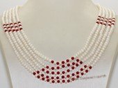 Mpn394 White  color Small  freshwater Seed pearl necklace with red coral