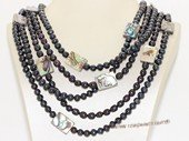 mpn396 Multi-strands black  cultured freshwater pearl necklace with shell pearl