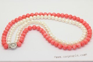 mpn414 Designer Hand knotted White Cultured Pearl  Necklace Accented with Man made Coral Beads