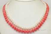 mpn414 Designer Hand knotted White Cultured Pearl  Necklace Accented with Man made Coral Beads