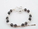 pbr240 Sterling silver cultured pearl & smoking quartz adjustable bracelet