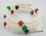 pbr258 Triple rows 6-7mm white button pearls wire bangle bracelet