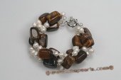 pbr375 Hand knotted Dancing Pearl and Tiger eye's Bracelet