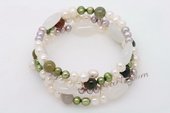 Pbr404 Three Rows Multi-Color Cultured Pearl and Gemstone Wrie Bangle Bracelet