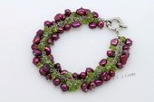 Pbr428 Silver Toned Bracelet with Wine Red Nugget Pearls and peridot Beads