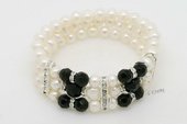 pbr462 Three Rows White Potato Pearl& Black Agate Stretchy Bracelet