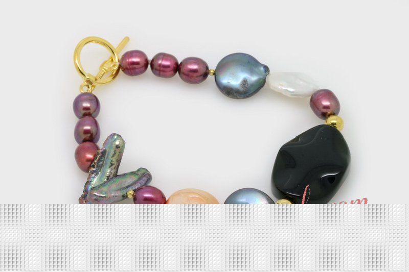 pbr468 Freshwater Multicolor Coin & Biwa Pearl Bracelet with Agate Bead