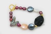 pbr468 Freshwater Multicolor Coin & Biwa Pearl Bracelet with Agate Bead