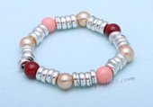 pbr481 Fashion Round Shell Pearl Stretchy Bracelet with silver toned spacer