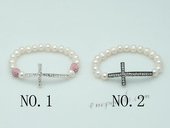pbr485 Fashion Sideway Silver Toned Cross Pearl Elastic Bracelets