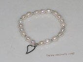 pbr498  stretchy freshwater rice pearl bracelet with sterling silver heart charm tag