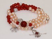 pbr505 Pink Freshwater Pearl Bracelet with 6mm red agate  Beads