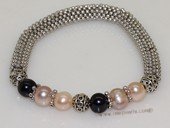 pbr523 Mesh tube shape stretch bracelet with multi color potato pearl