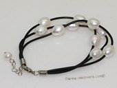 pbr528 Three strand Leather 9-10mm Freshwater Rice Pearl Bracelet