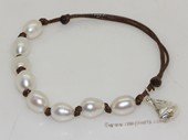 pbr545 Hand Knitted White Freshwater Rice Pearl brown thread Bracelet