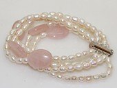 pbr572 Five strand white cultured pearl and  rose quartz bracelet