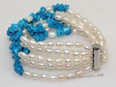 pbr573 Five strand white cultured pearl and  blue turquoise bracelet