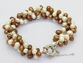 pbr587 Three strand white and coffee cultured pearl bracelet