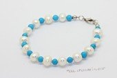 pbr591 White Potato pearl and 4mm turquoise beads bracelet