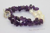 pbr597 Hand knotted Two Rows amethyst and 9-10mm Baroque Nugget Pearl Bracelet