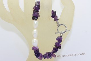 pbr598 Hand knotted amethyst and 9-10mm Baroque Nugget Pearl Bracelet