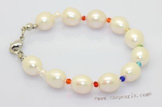 pbr599 White Rice pearl and man made crystal beads bracelet