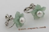 pe014 Adorable 5.5-6mm pearls set on jade flowers tray with silver CLIP  Earrings
