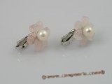 pe015 Adorable 5.5-6mm pearls set on rose quartz flowers tray with silver CLIP  Earrings