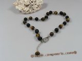 petc015  Elegant 8mm tiger eyes gemstone and black agate  pet necklace