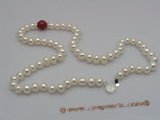 pn003 7-8mm  white button shape pearls & jade necklace