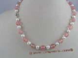 pn010 6-7mm white potato shape pearls & pink watermelon stones beads necklace