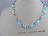 pn017 White potato shape pearl necklace with blue crystal beads