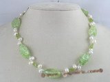 pn053 white side-dirlled cultured pearl necklace with green baroque crystals beads