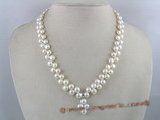 pn062 two rows of nature white bread pearl necklace with cross pendant