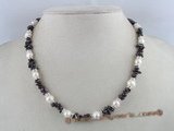 PN067 7-8mm white potato shape pearl neckalce with garnet beads