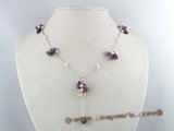 pn071 4-5mm potato pearl necklace with purple heart-shape crystal beads on metal chain