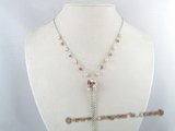 PN073 4-5mm purple potato pearl and crystal beads necklace with white metal chain