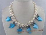 pn079 handcraft knitted 6-7mm white and black potato pearl bridal & wedding necklace with blue cat eyes beads