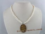 pn083 7-8mm white potato shape FW pearl necklace with carved lady pendant