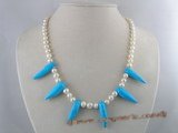 pn084 7-8mm white potato shape pearl necklace with capsicum shape blue turquoise