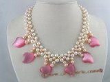 pn085 handcraft knitted 6-7mm white and pink potato pearl bridal & wedding necklace with cat eyes beads