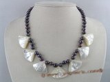 pn086 7-8mm black potato shape pearl necklace with fanlike white shell