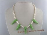 pn087 7-8mm white potato shape pearl necklace with capsicum shape green turquoise