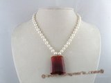pn091 7-8mm white potato shape FW pearl necklace with ladder crystal pendant