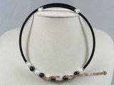 pn207 Black rubber cord & 8mm round black agate beads necklace