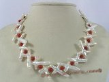 pn228 white cross biwa pearl &red coral single necklace jewelry