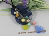 pn243 Blue glass pendant necklace dangling with multicolor cultured pearl